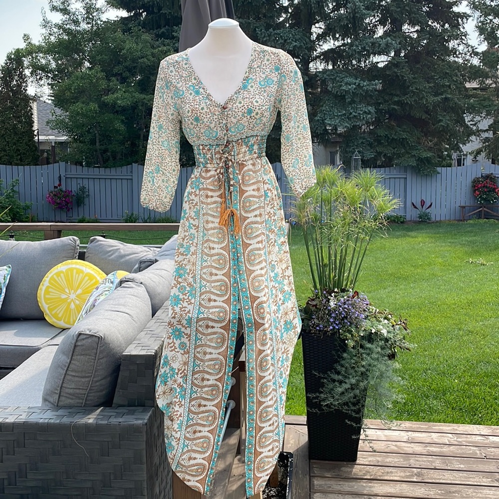 Bohemian Long Floral Coverup with Tassels Blue/Pale Yellow/Brown/Cream